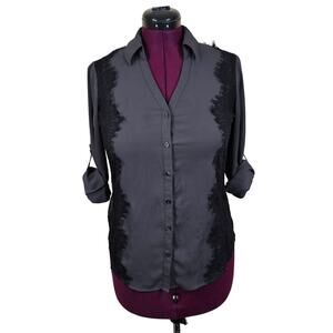 Women's Express Gray Button Down Blouse w/ Sheer Lace Sides | Size Small